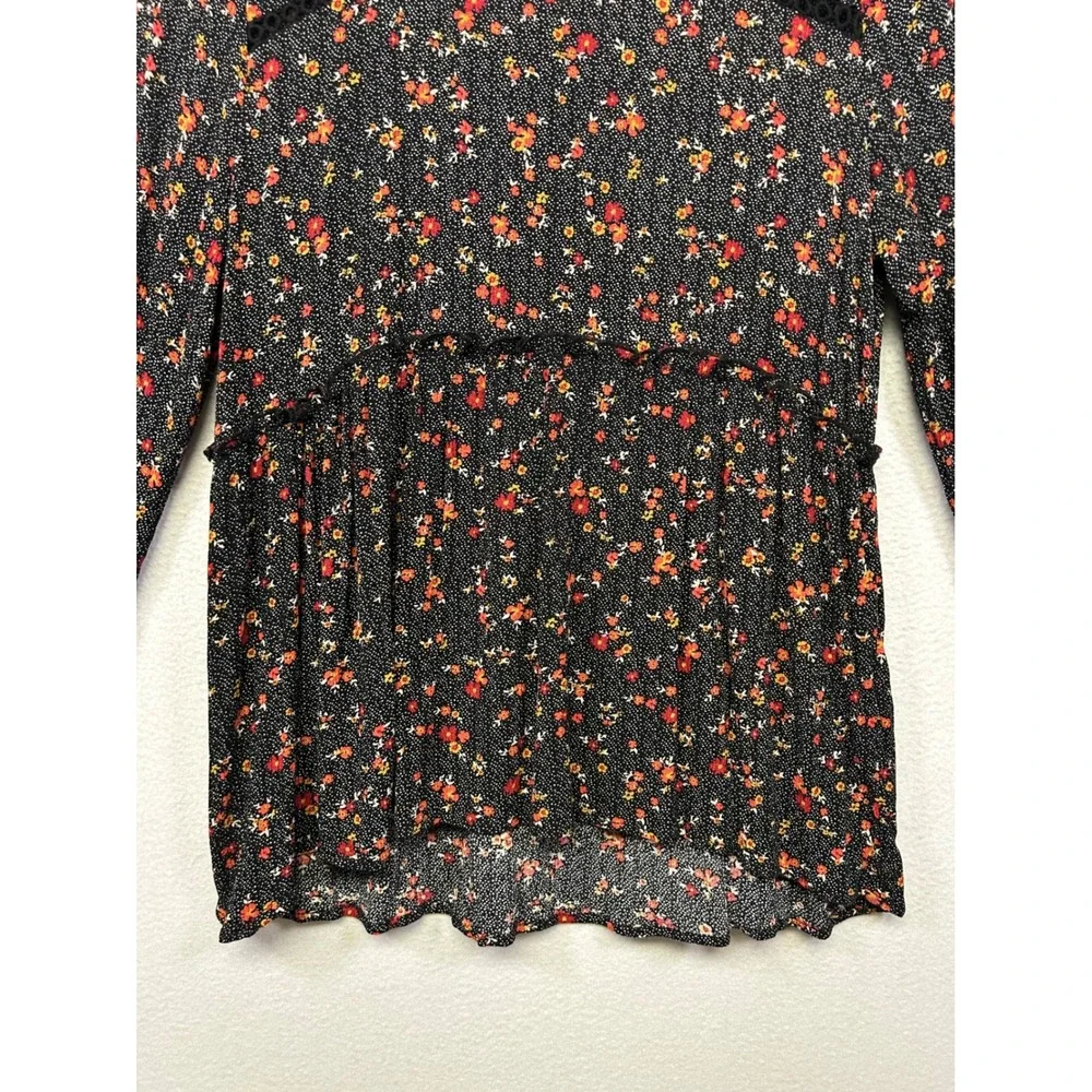 Knox Rose Boho Cottagecore Womens Small Black Floral Peplum Ruffle Blouse